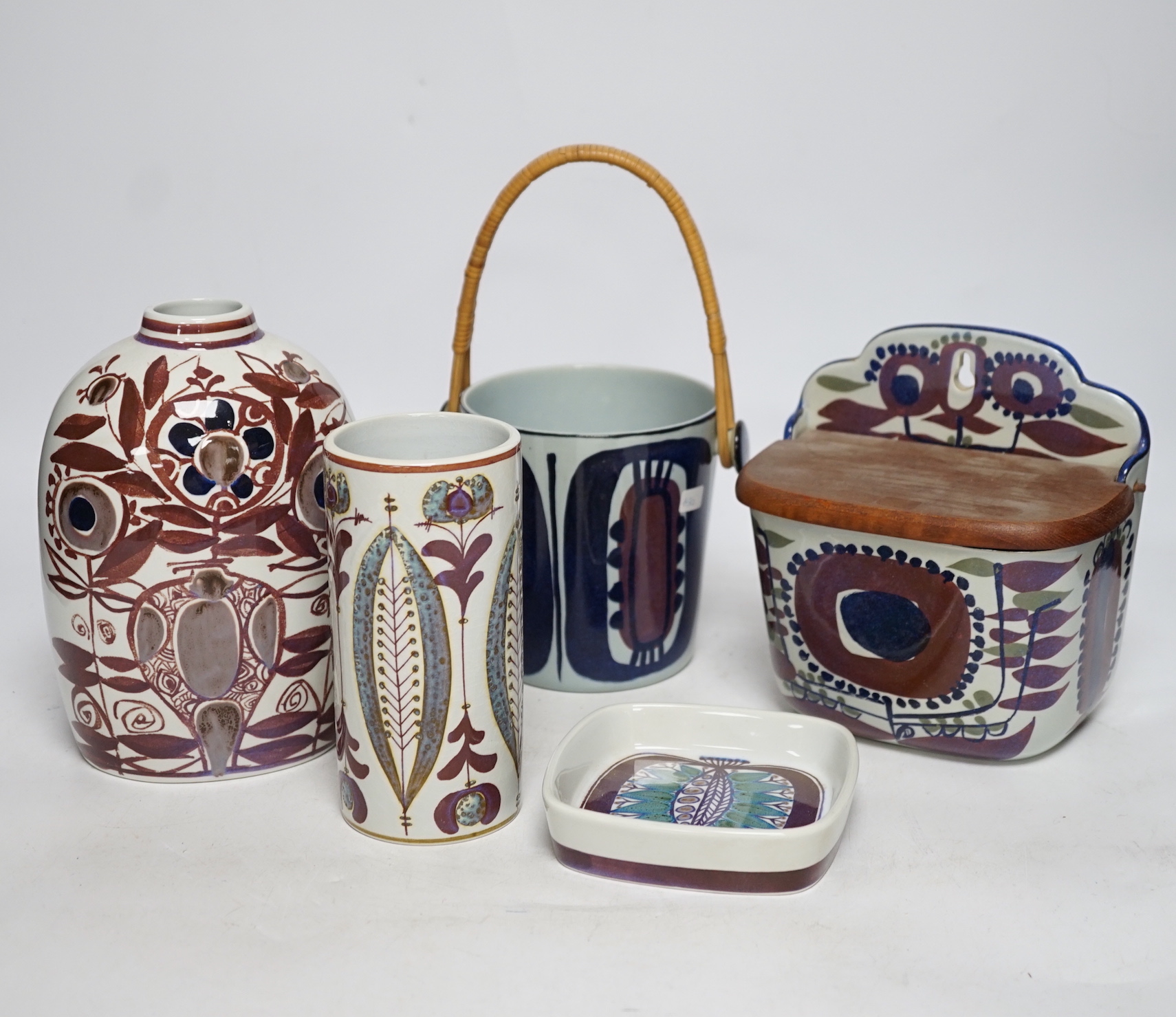 Royal Copenhagen fajance and Alumina wares - a salt pot with wooden cover, a similar bamboo handled pot and vase, together with a cylindrical vase and similar dish, tallest vase 18cm high